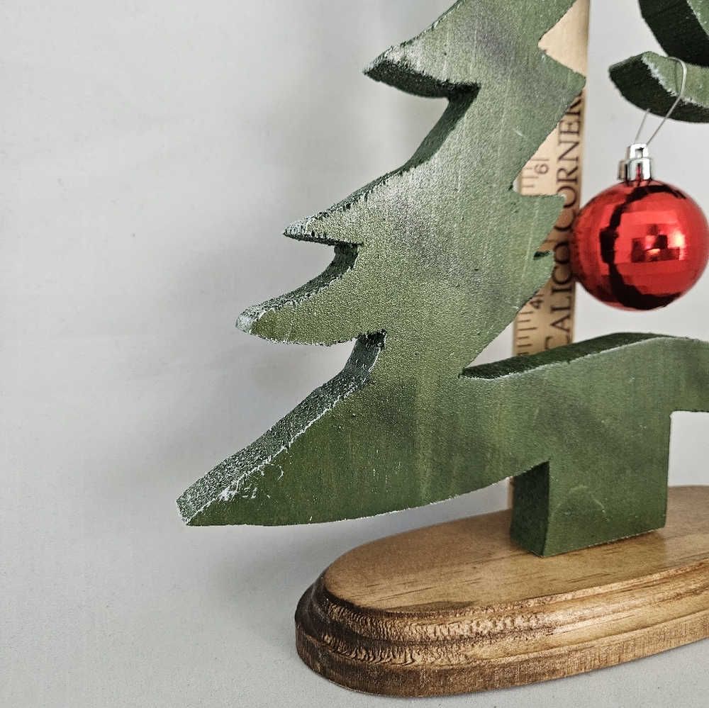 NEW Wooden Christmas Tree With Base Handmade with Red Ornament - Picture 5 of 11